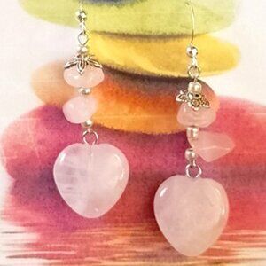 ROSE QUARTZ EARRINGS, HEARTS, SILVERY BALI STYLE ACCENTS
